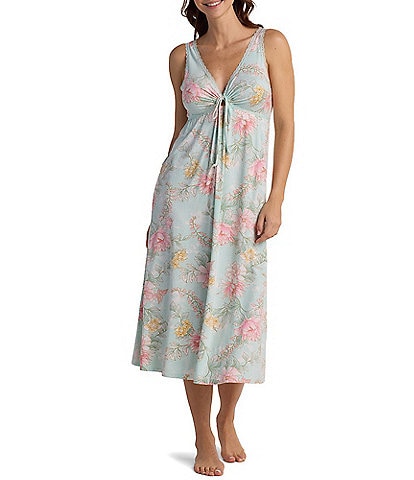 Miss Elaine Floral Print Sleeveless V-Neck Knit Long Nightgown