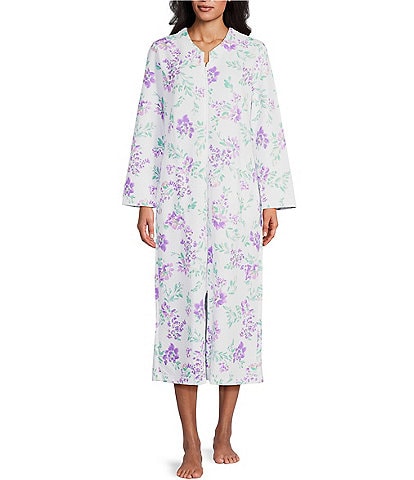 Miss Elaine Floral Quilt-In-Knit Round Neck Side Pocket Long Zip Robe