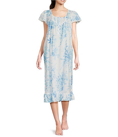 Miss Elaine Garden Print Short Sleeve Round Neck Cotton Woven Long Nightgown