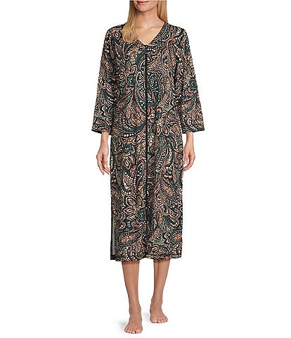 Miss Elaine Interlock Knit 3/4 Sleeve Long Zip-Front Paisley Robe