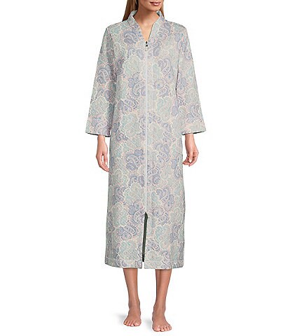 Miss Elaine Paisley Print Quilt-in-Knit Long Sleeve Zip Front Caftan Robe