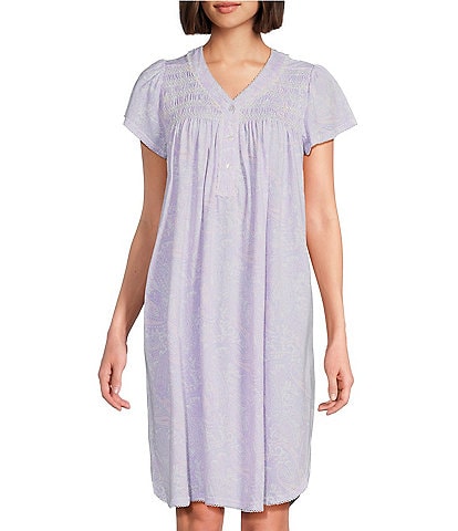 Miss Elaine Paisley Print Short Sleeve V-Neck Button Front Placket Silky Knit Short Nightgown