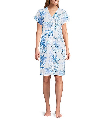 Miss Elaine Palm Print Short Sleeve V-Neck Short Snap-Front Terry Robe
