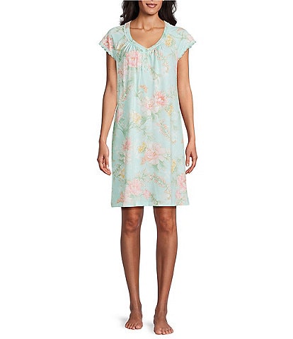 Miss Elaine Petite Floral Print Short Sleeve Round Neck Knit Short Nightgown