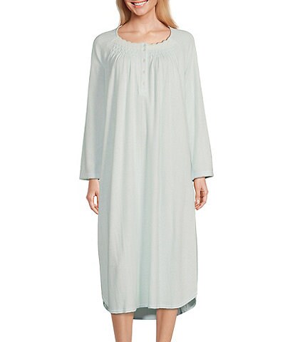 Miss Elaine Petite Size Brushed Honeycomb Long Sleeve Round Neck Long Button Front Nightgown