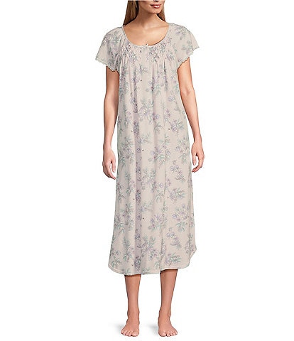 Miss Elaine Petite Size Cottonessa Floral Print Short Sleeve Round Neck Knit Long Nightgown