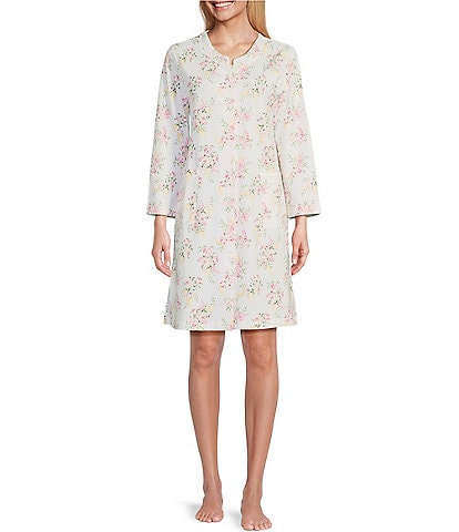Miss Elaine Petite Size French Terry Snap-Front Floral Print Robe