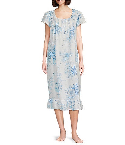 Miss Elaine Petite Size Garden Print Short Sleeve Round Neck Cotton Woven Long Nightgown