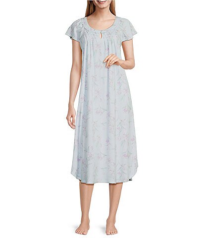 Miss Elaine Petite Size Knit Cottonessa Floral Stem Keyhole Scoop Neck Smocked Trim Short Sleeve Midi Nightgown