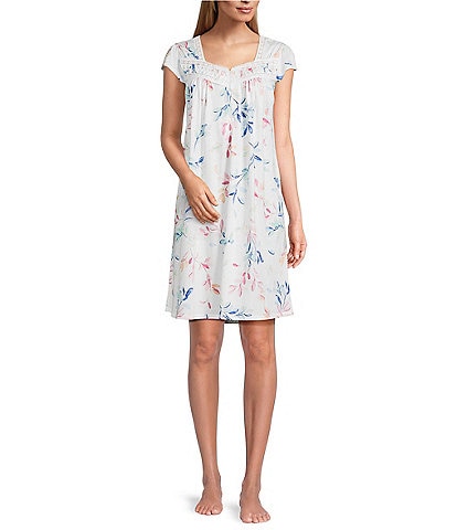 Miss Elaine Petite Size Watercolor Leaves Print Short Sleeve Sweetheart Neck Silky Knit Short Nightgown