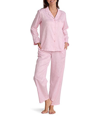 Miss Elaine Petite Solid Long Sleeve Notch Collar Brushed Back Satin Long Pajama Set