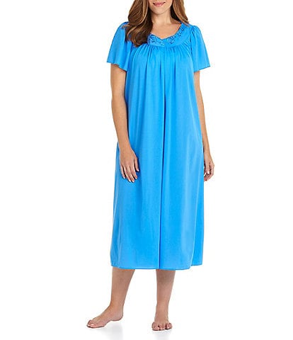 Miss Elaine Plus Size Short Sleeve Jewel Neck Long Nightgown