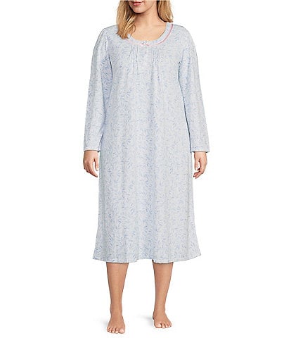 Miss Elaine Plus Size Brushed Rosewood Print Honeycomb Knit Long Sleeve Nightgown