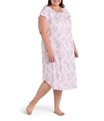 Miss Elaine Plus Size Cottonessa Floral Print Short Sleeve Round Neck Knit Long Nightgown