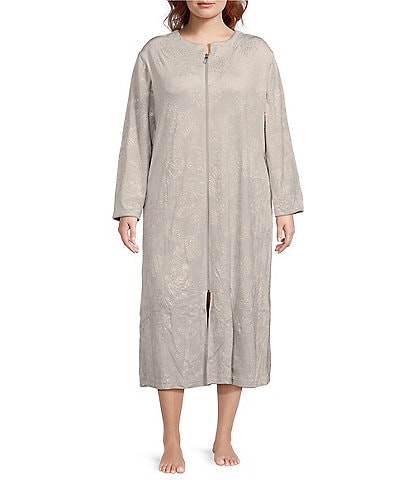 Miss Elaine Plus Size Embossed Fleece Long Sleeve Round Neck Long Zip-Front Robe