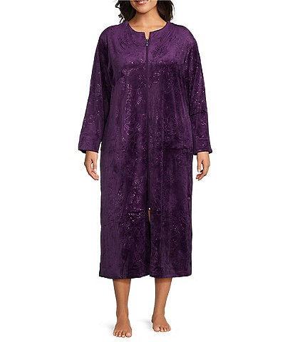 Miss Elaine Plus Size Embossed Fleece Long Sleeve Round Neck Long Zip-Front Robe