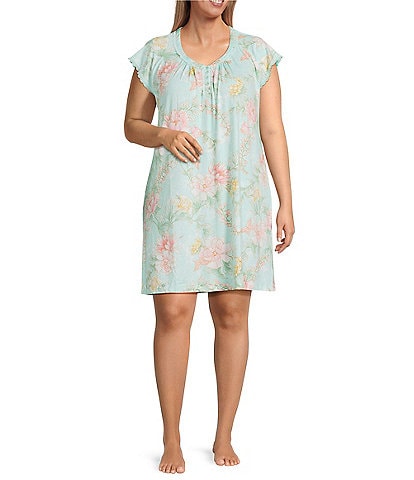Miss Elaine Plus Size Floral Print Short Sleeve Round Neck Knit Short Nightgown