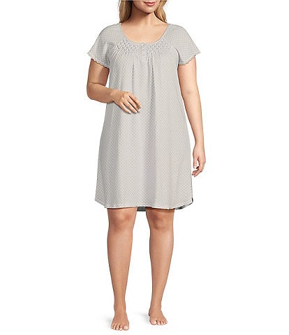 Miss Elaine Plus Size Foulard Print Cottonessa Short Sleeve Round Neck Knit Short Nightgown