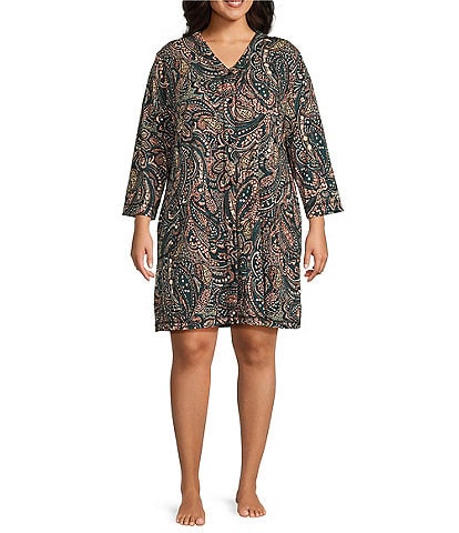 Miss Elaine Plus Size Interlock Knit Short Paisley Print Snap Front Robe