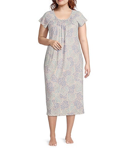 Miss Elaine Plus Size Paisley Print Cottonessa Scoop Neck Short Sleeve Long Nightgown