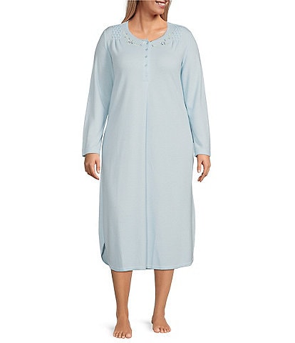 Miss Elaine Plus Size Pointelle Brushed Honeycomb Knit Jewel Neck Long Sleeve Nightgown
