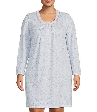 Miss Elaine Plus Size Rosewood Print Brushed Honeycomb Knit Long Sleeve Short Nightgown