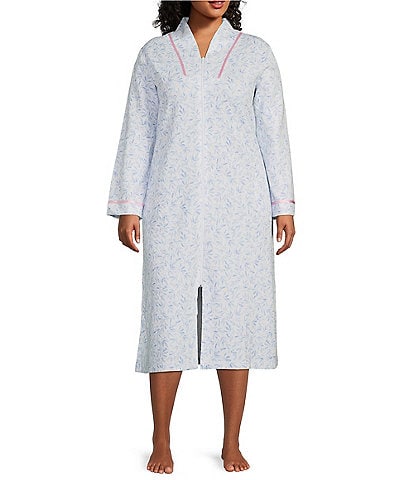 Miss Elaine Plus Size Rosewood Print Honeycomb Quilt-in Knit Long Sleeve Zip Front Robe