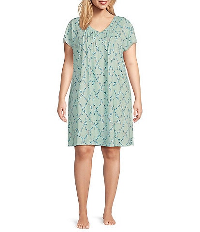 Miss Elaine Plus Size Silky Knit Floral Printed Short Nightgown