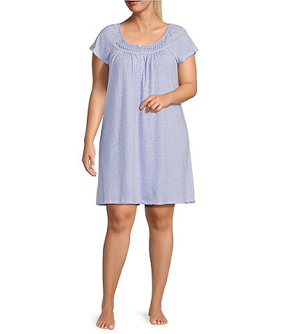 Miss Elaine Plus Size Silky Knit Leaf Print Short Cap Sleeve Short Nightgown