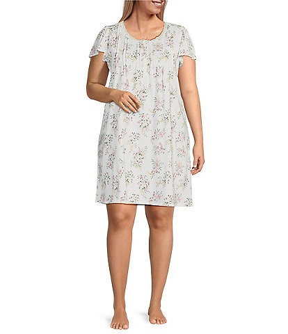 Miss Elaine Plus Size Silky Knit Short Sleeve Short Floral Nightgown