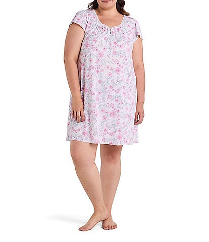 Miss Elaine Plus Size Silkyknit Short Sleeve Floral Stems Print Short Nightgown