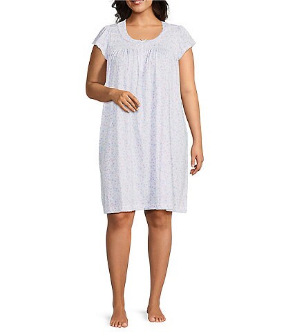 Miss Elaine Plus Size SilkyKnit Short Sleeve Round Neck Floral Print Short Nightgown