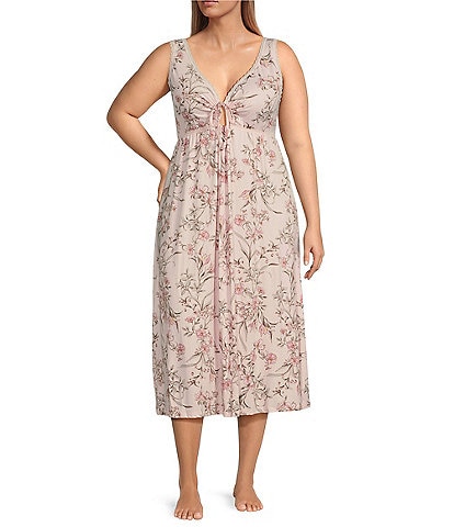 Miss Elaine Plus Size Soft Knit Floral Print Sleeveless Long Nightgown