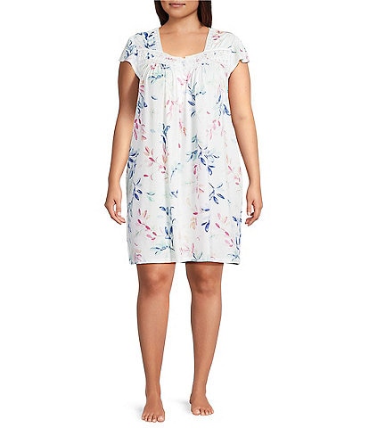 Miss Elaine Plus Size Watercolor Leaves Print Short Sleeve Sweetheart Neck Silky Knit Short Nightgown