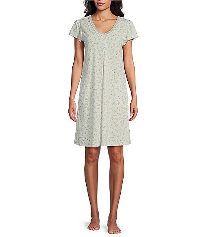 Miss Elaine Printed Short Sleeve V-Neck Cotton Jersey Knit Short Nightgown