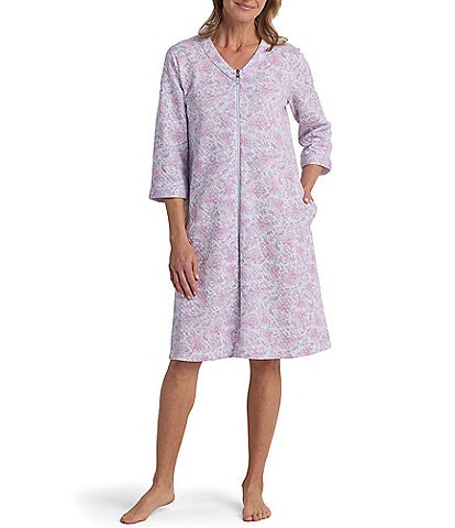 Miss Elaine Quilt-In-Knit Floral Paisley Print 3/4 Sleeve Short Zip Robe
