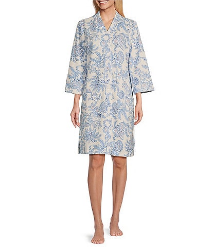 Miss Elaine Quilt In Knit Floral Print 3/4 Sleeve V Neck Snap Front Short Robe