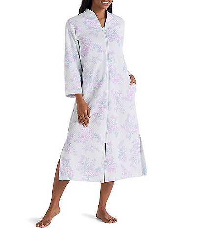 Miss Elaine Quilt-In-Knit Long Sleeve Bouquet Print Long Zip-Front Robe
