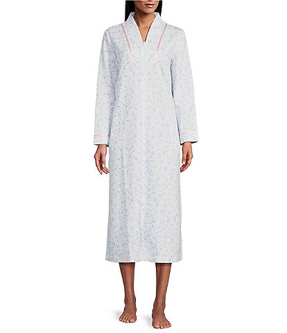 Miss Elaine Quilt-In-Knit Long Zip-Front Rosewood Print Robe