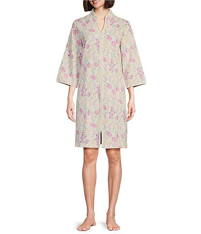 Miss Elaine Quilt-In-Knit Short Zip-Front Wildflowers Lemon Print Robe