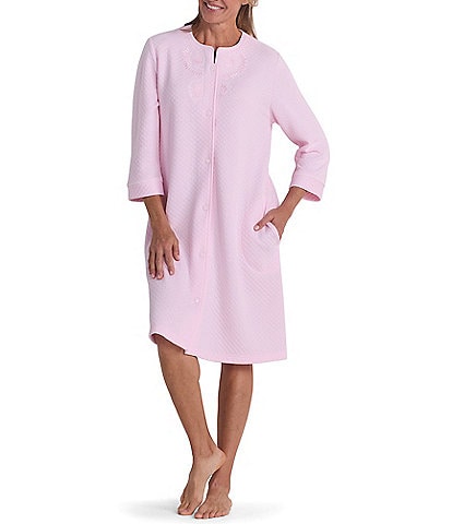 Miss Elaine Quilt-In-Knit Solid 3/4 Sleeve Short Snap Robe