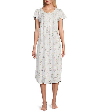 Miss Elaine Silky Knit Floral Print Short Sleeve Long Nightgown
