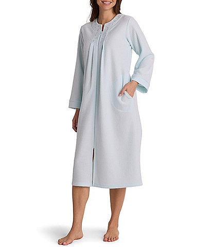 Miss Elaine Solid Long Sleeve Round Neck Brushed Back Terry Knit Long Zip Robe