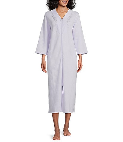 Miss Elaine Solid Quilt-In-Knit 3/4 Sleeve Long Zip-Front Robe