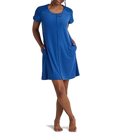 Miss Elaine Stretch Terry Short Sleeve Round Neck Zip-Front Short Robe