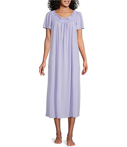 Miss Elaine Floral Embroidered Round Neck Short Sleeve Tricot Ballet Nightgown