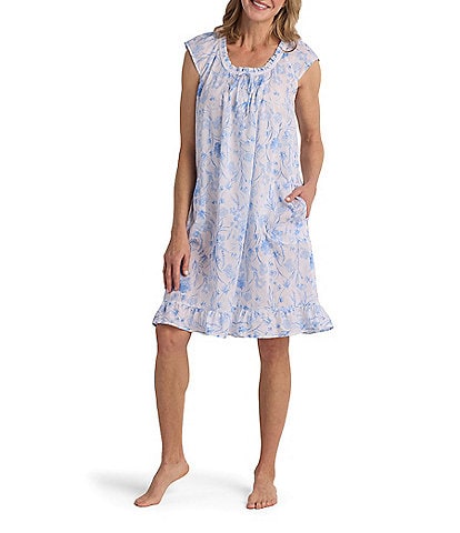Miss Elaine Watercolor Floral Print Cap Sleeve Round Neck Woven Short Nightgown