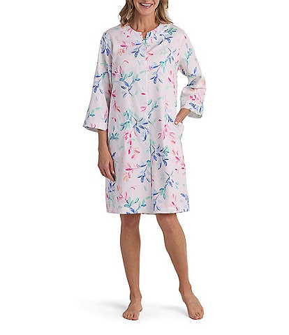 Miss Elaine Watercolor Leave Print 3/4 Sleeve Sateen Woven Cotton Snap Short Robe
