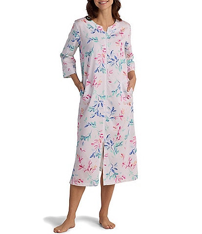 Miss Elaine Watercolor Leaves Print 3/4 Sleeve Sateen Woven Cotton Zip Long Robe