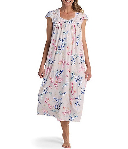 Miss Elaine Watercolor Leaves Print Short Sleeve Sweetheart Neck Silky Knit Long Nightgown